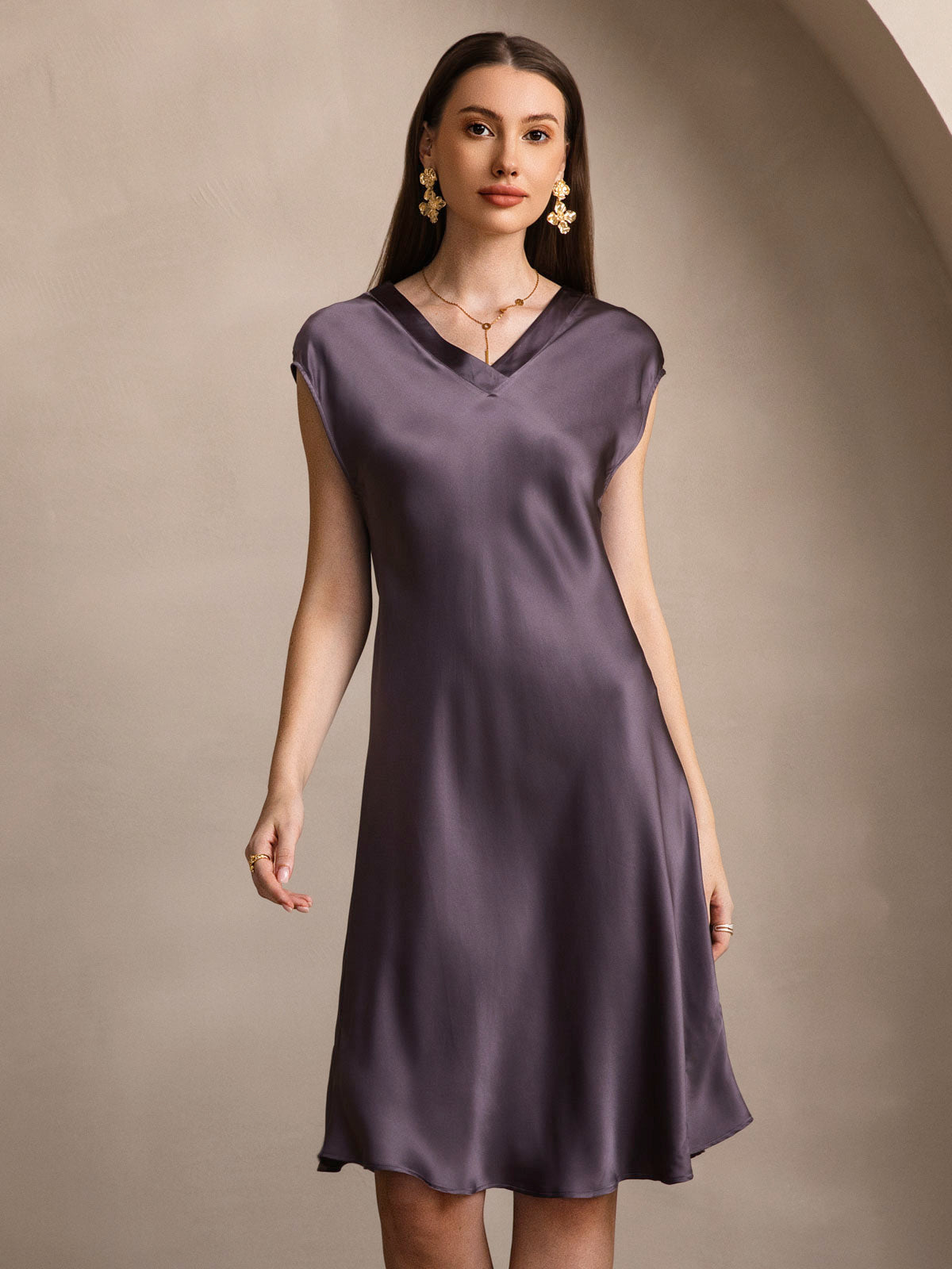 [Purple Gray] SilkSilky-UK Pure Silk Sleeveless V Neck Nightdress 003