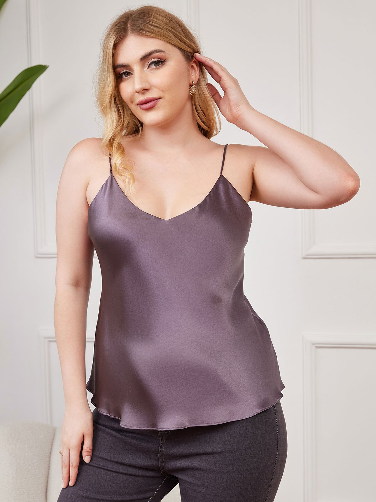 [Purple Gray] SilkSilky-UK Pure Silk V Neck Plus Size Camisole Top 001