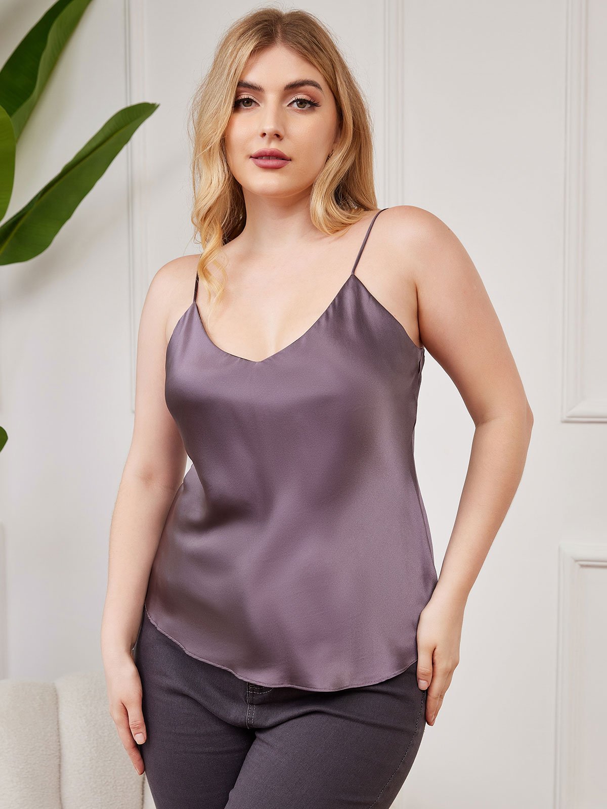 [Purple Gray] SilkSilky-UK Pure Silk V Neck Plus Size Camisole Top 004