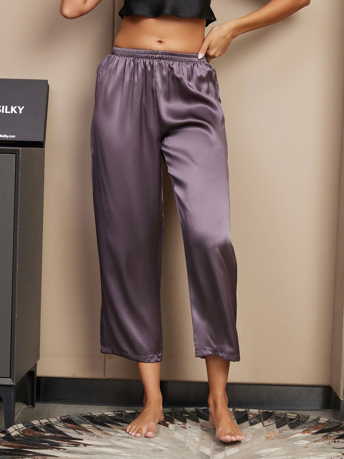 [Purple Gray] SilkSilky-UK Pure Silk Womens Sleep Bottoms 001