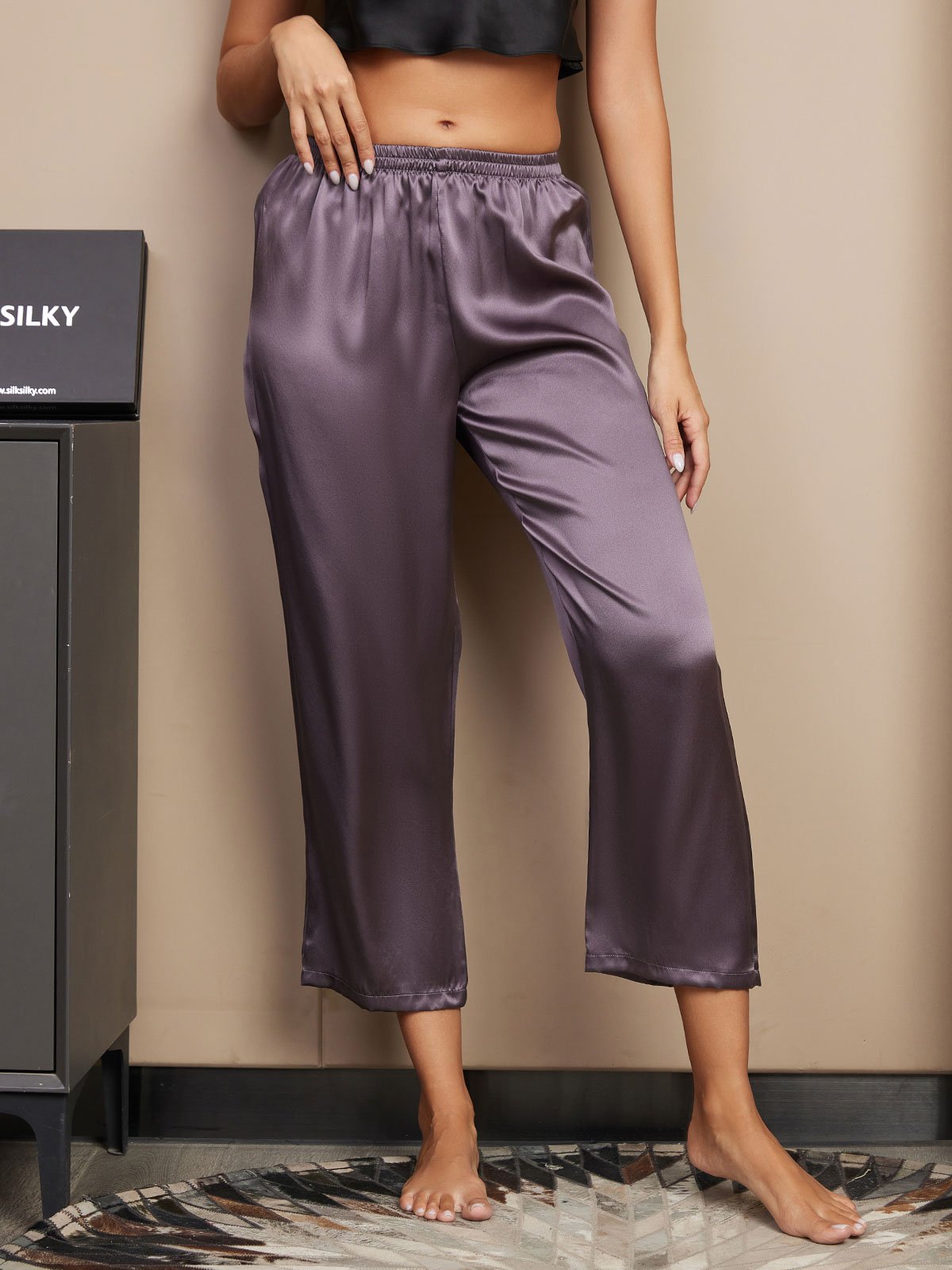 [Purple Gray] SilkSilky-UK Pure Silk Womens Sleep Bottoms 003