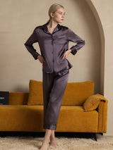 [Purple Gray] SilkSilky-UK Long Sleeve Lapel Collar Women's Pyjamas 001
