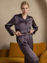 [Purple Gray] SilkSilky-UK Long Sleeve Lapel Collar Women's Pyjamas 003
