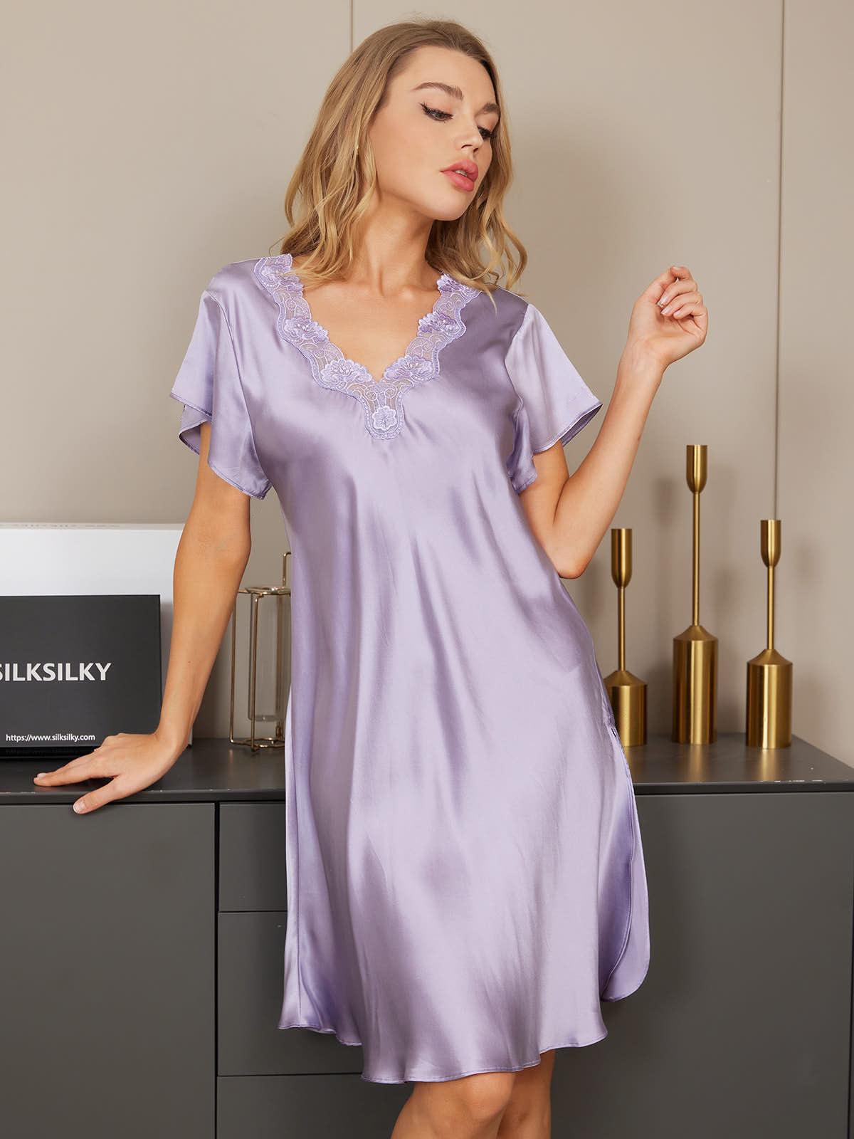[Purple] SilkSilky-UK Pure Silk Short Sleeve Sweetheart Neck Nightdress 004