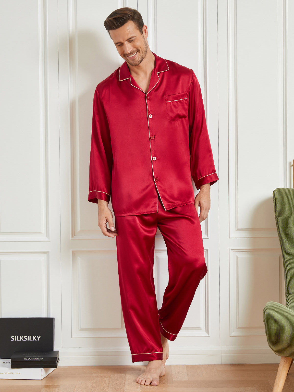 [Red] SilkSilky-UK 19Momme Pure Silk Long Sleeve Lapel Men's Pyjamas 001