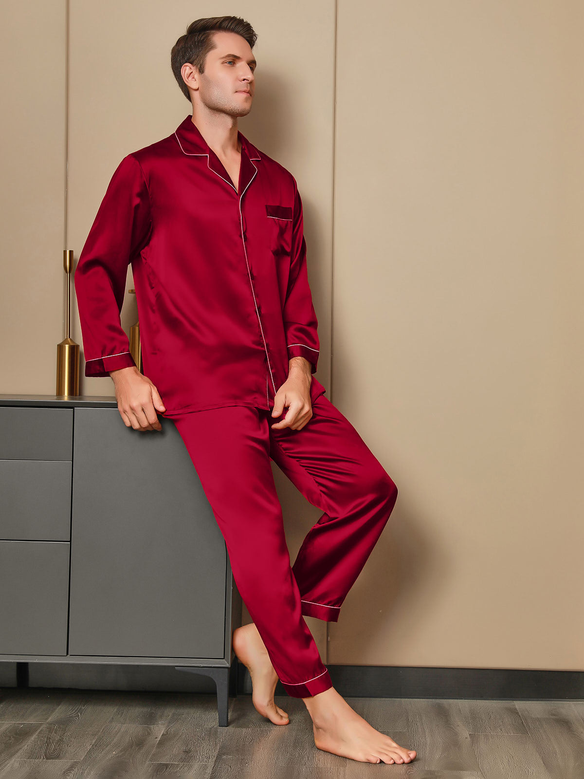 [Red] SilkSilky-UK 19Momme Pure Silk Long Sleeve Lapel Men's Pyjamas 001