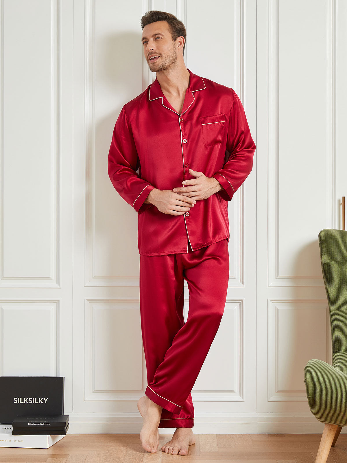 [Red] SilkSilky-UK 19Momme Pure Silk Long Sleeve Lapel Men's Pyjamas 002