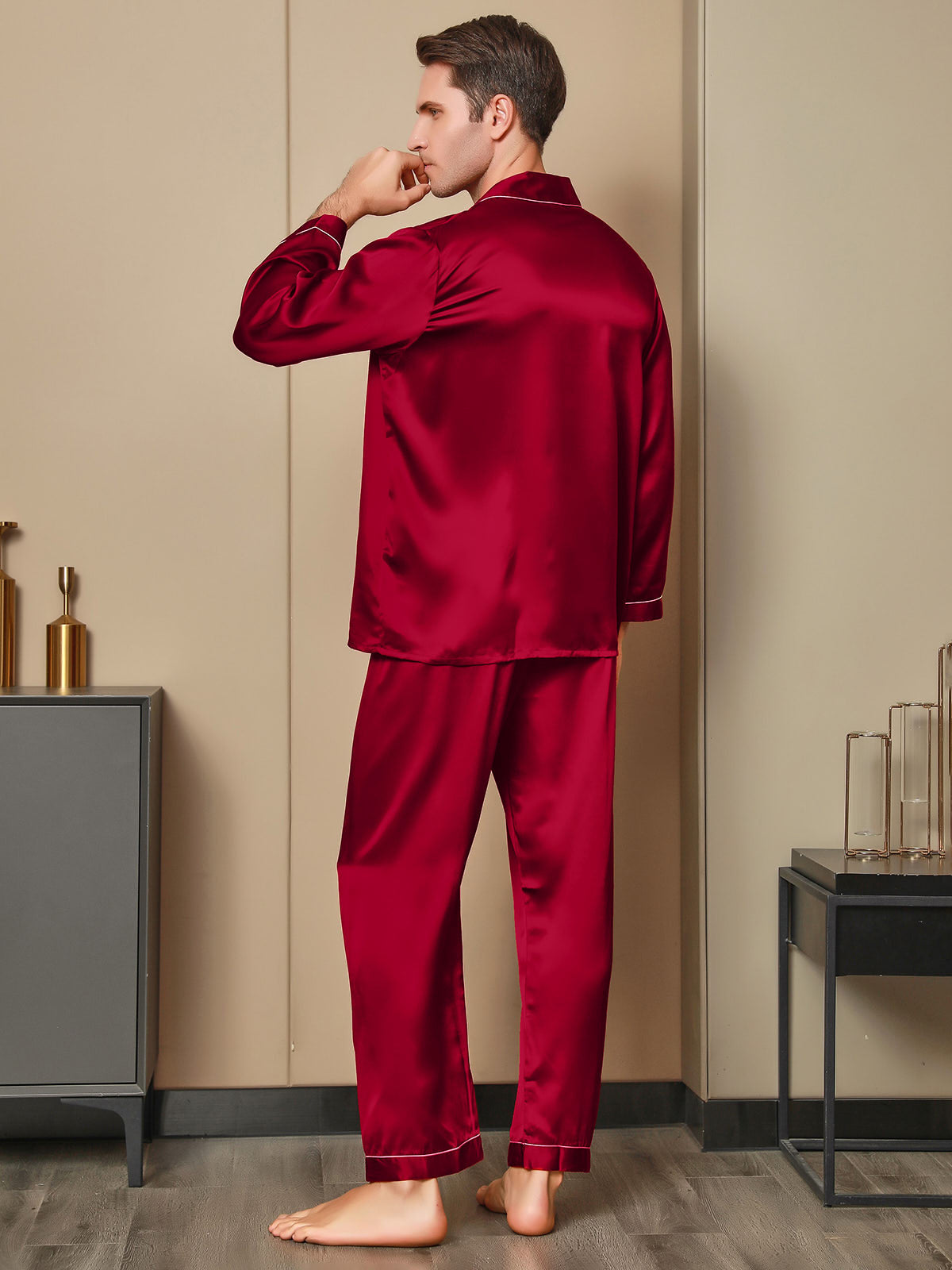 [Red] SilkSilky-UK 19Momme Pure Silk Long Sleeve Lapel Men's Pyjamas 002