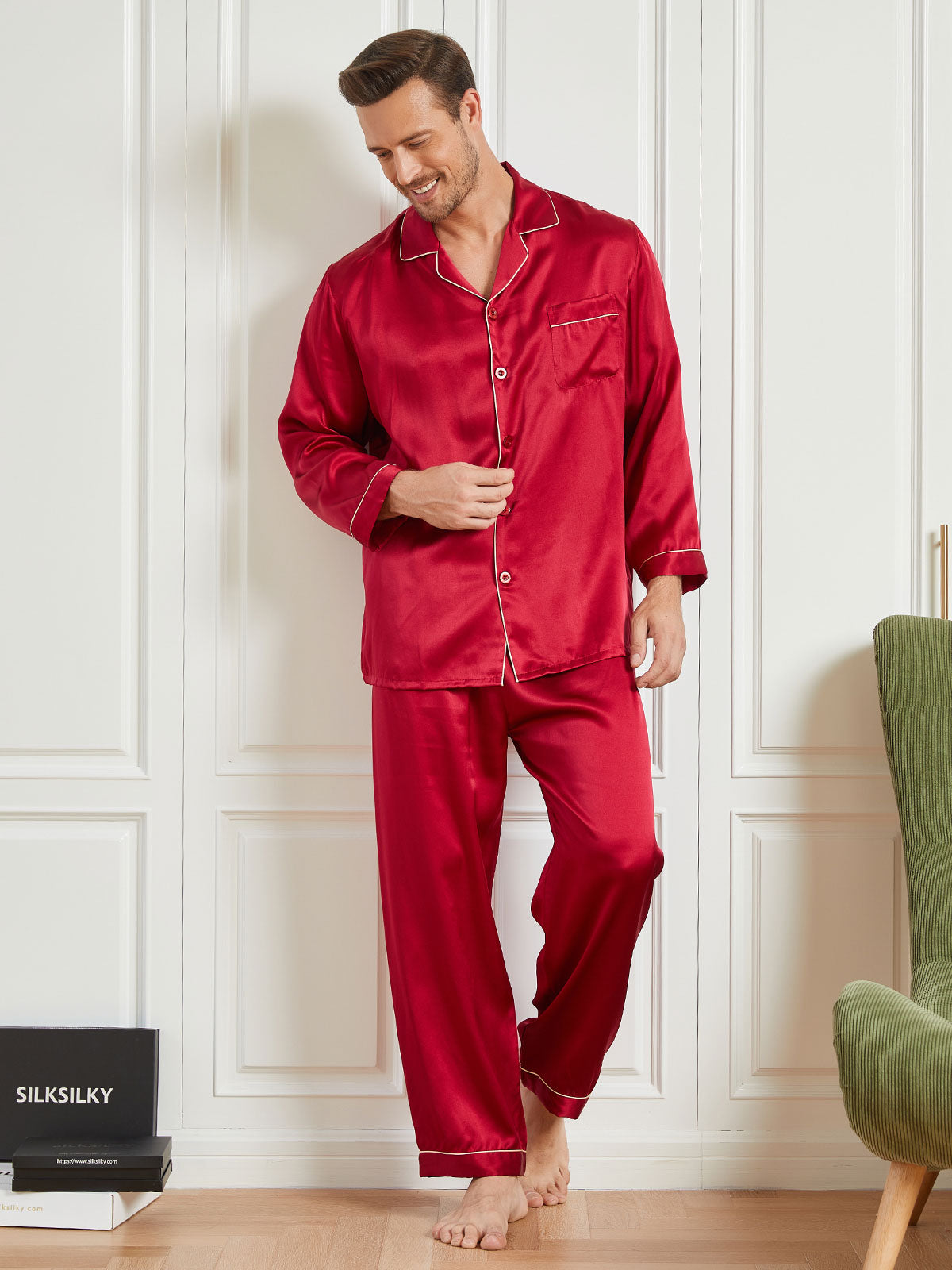 [Red] SilkSilky-UK 19Momme Pure Silk Long Sleeve Lapel Men's Pyjamas 003