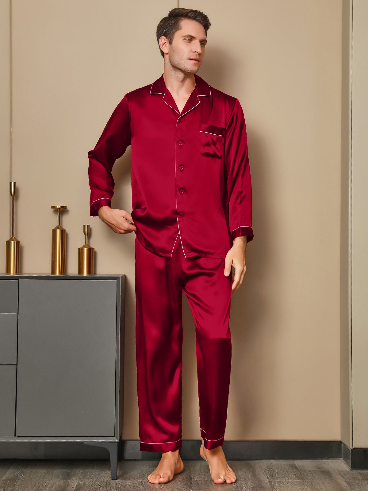 [Red] SilkSilky-UK 19Momme Pure Silk Long Sleeve Lapel Men's Pyjamas 003