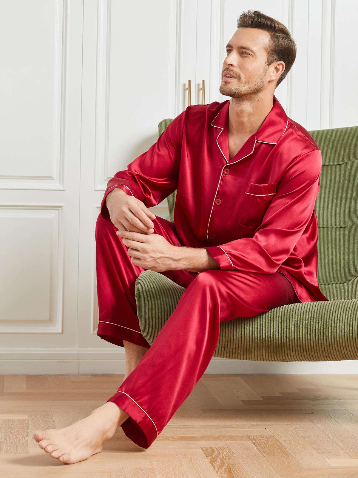 [Red] SilkSilky-UK 19Momme Pure Silk Long Sleeve Lapel Men's Pyjamas 004