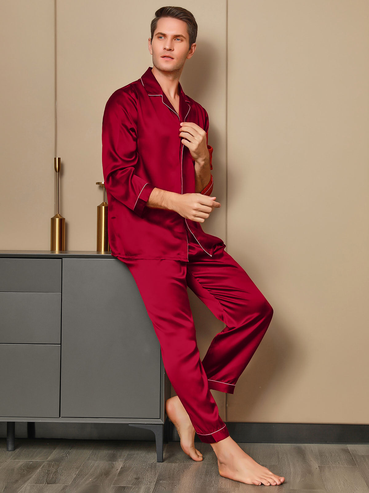 [Red] SilkSilky-UK 19Momme Pure Silk Long Sleeve Lapel Men's Pyjamas 004