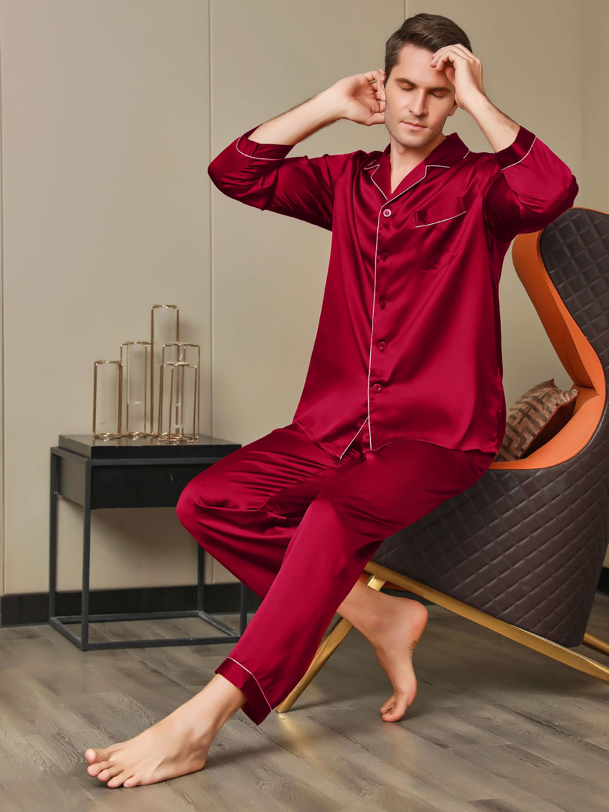 [Red] SilkSilky-UK 19Momme Pure Silk Long Sleeve Lapel Men's Pyjamas 005