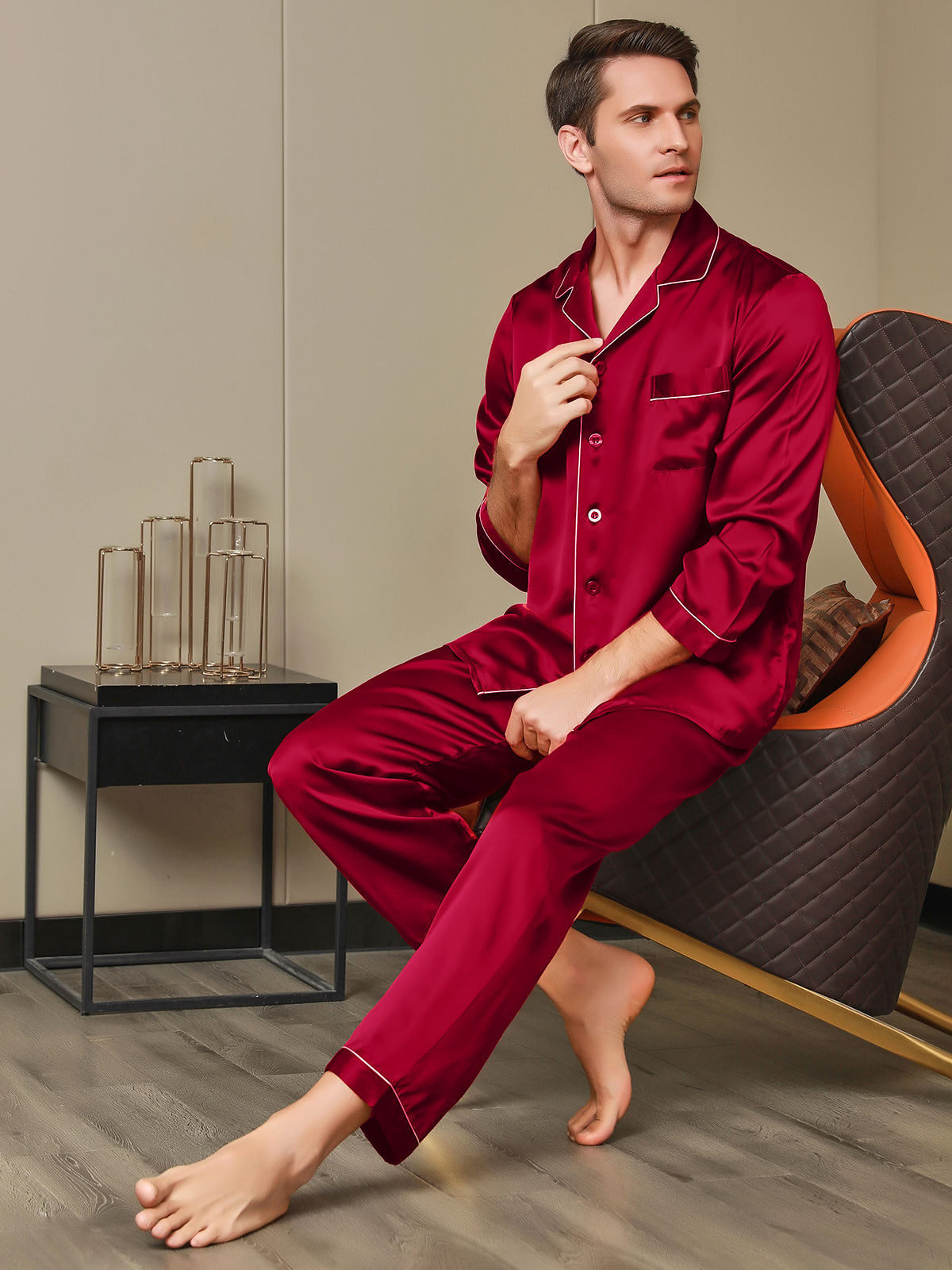 [Red] SilkSilky-UK 19Momme Pure Silk Long Sleeve Lapel Men's Pyjamas 006
