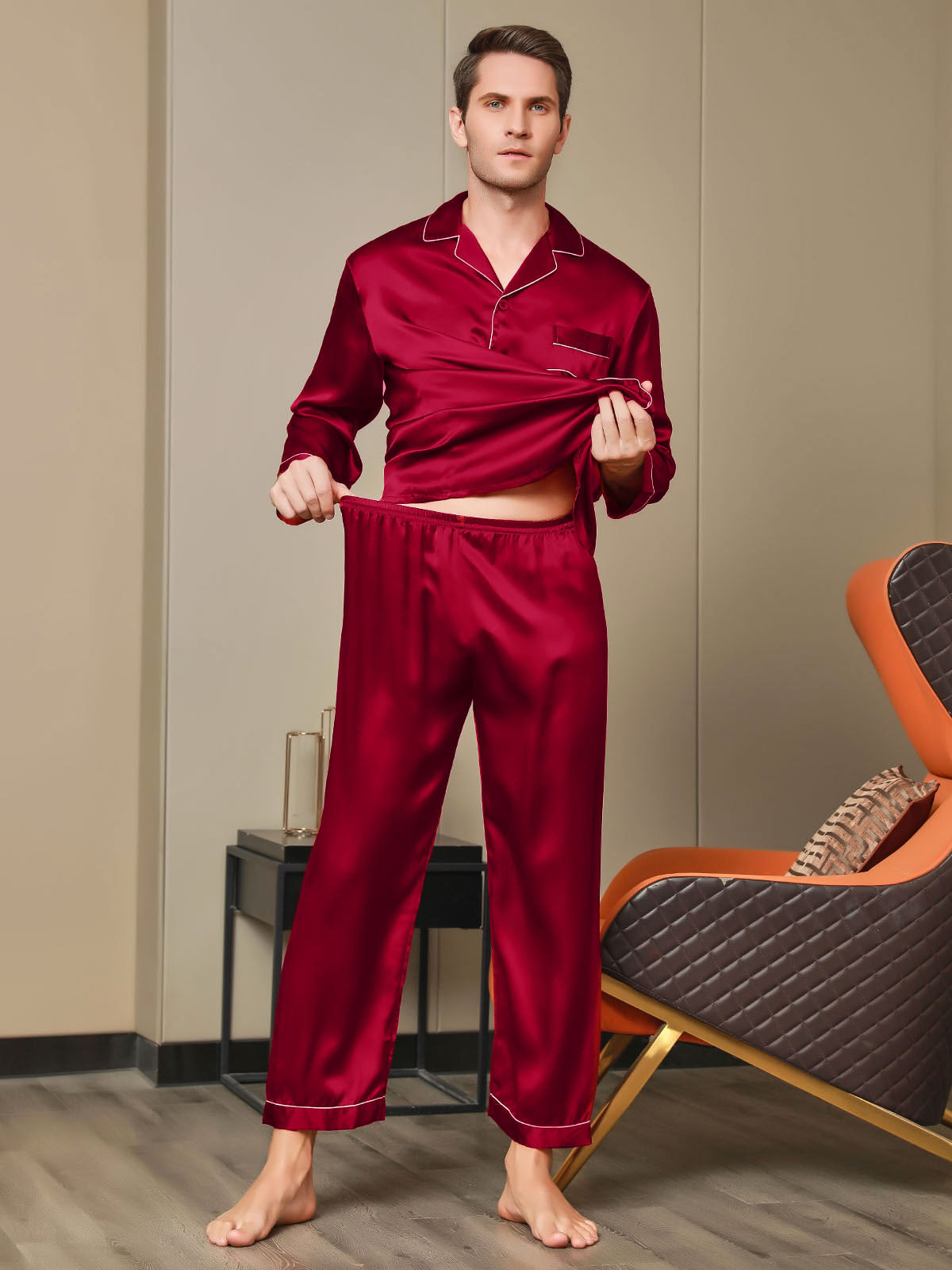 [Red] SilkSilky-UK 19Momme Pure Silk Long Sleeve Lapel Men's Pyjamas 007