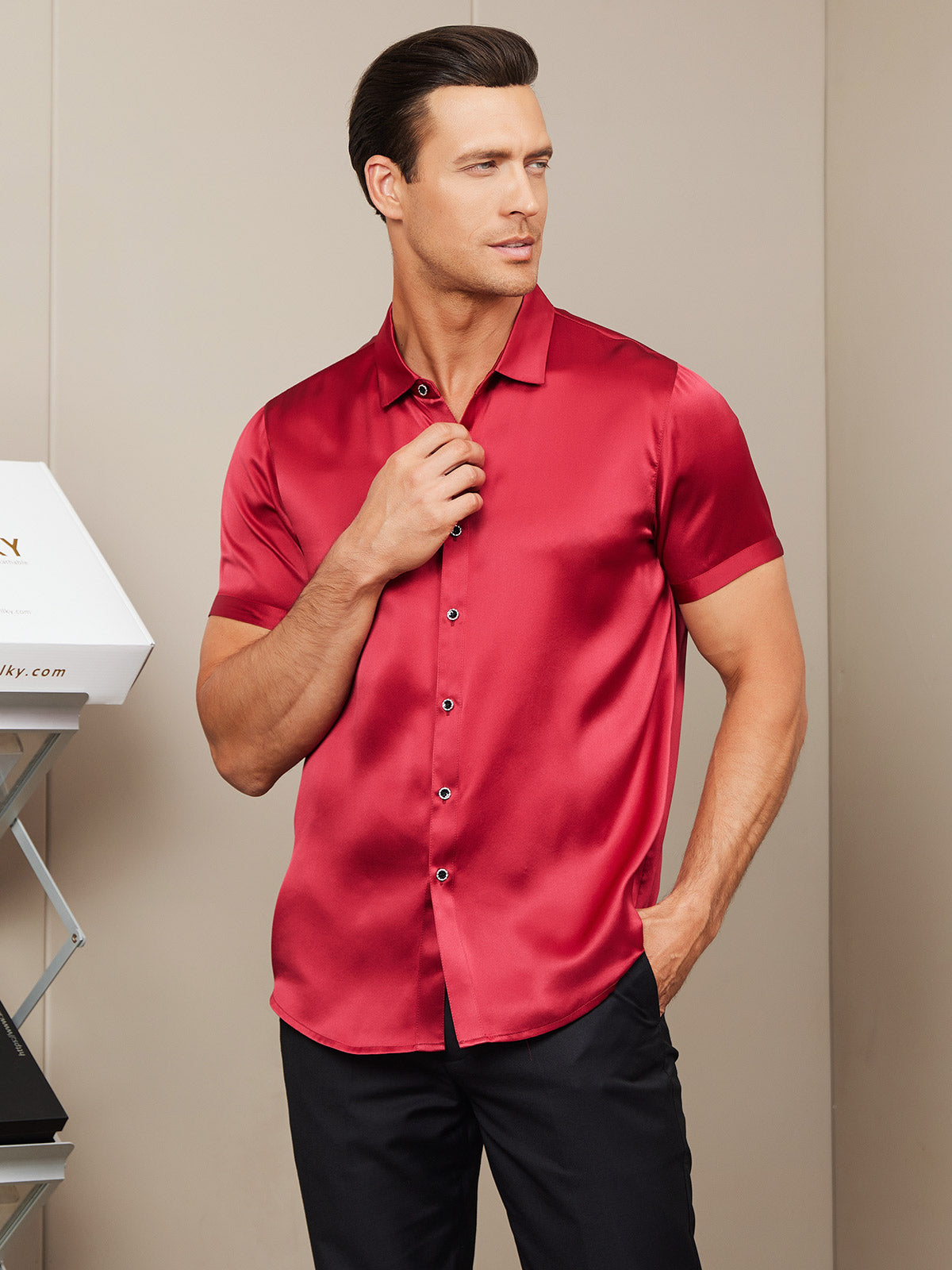 [Red] SilkSilky-UK Silk Short Sleeve Collar Men's Shirt 001