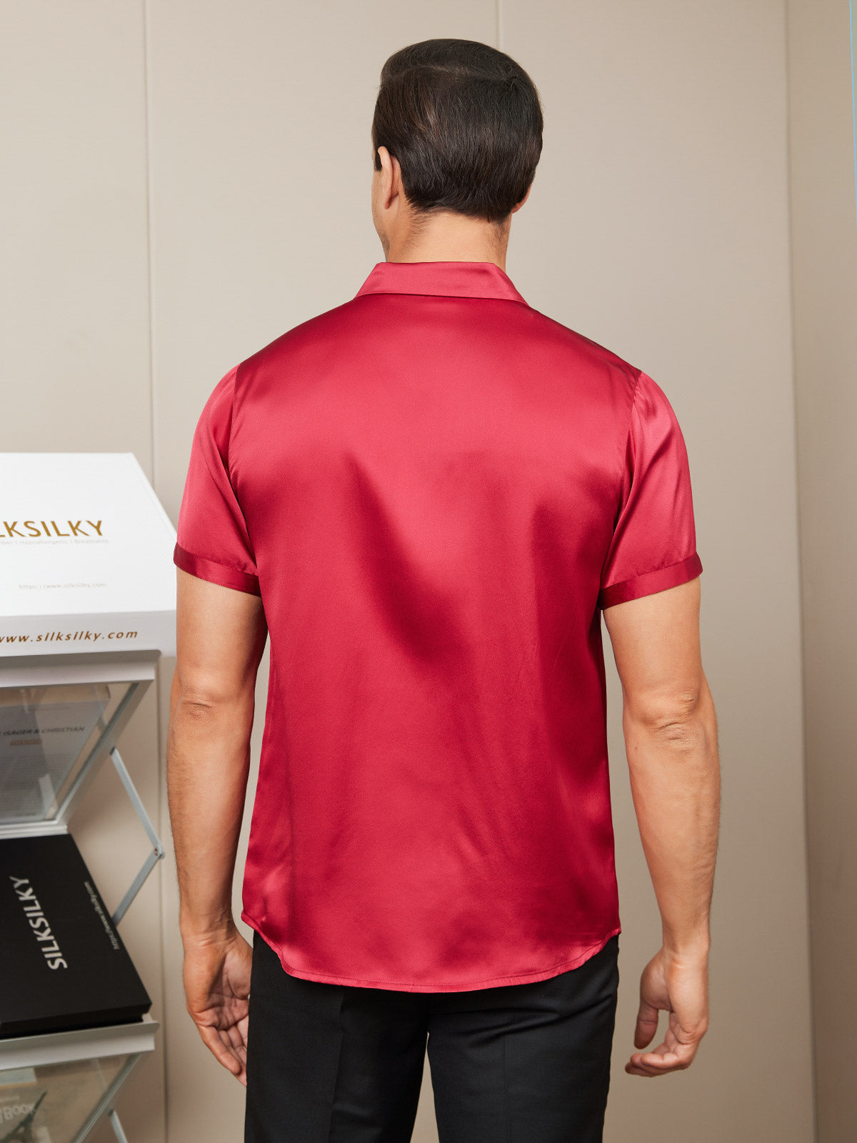 [Red] SilkSilky-UK Silk Short Sleeve Collar Men's Shirt 002