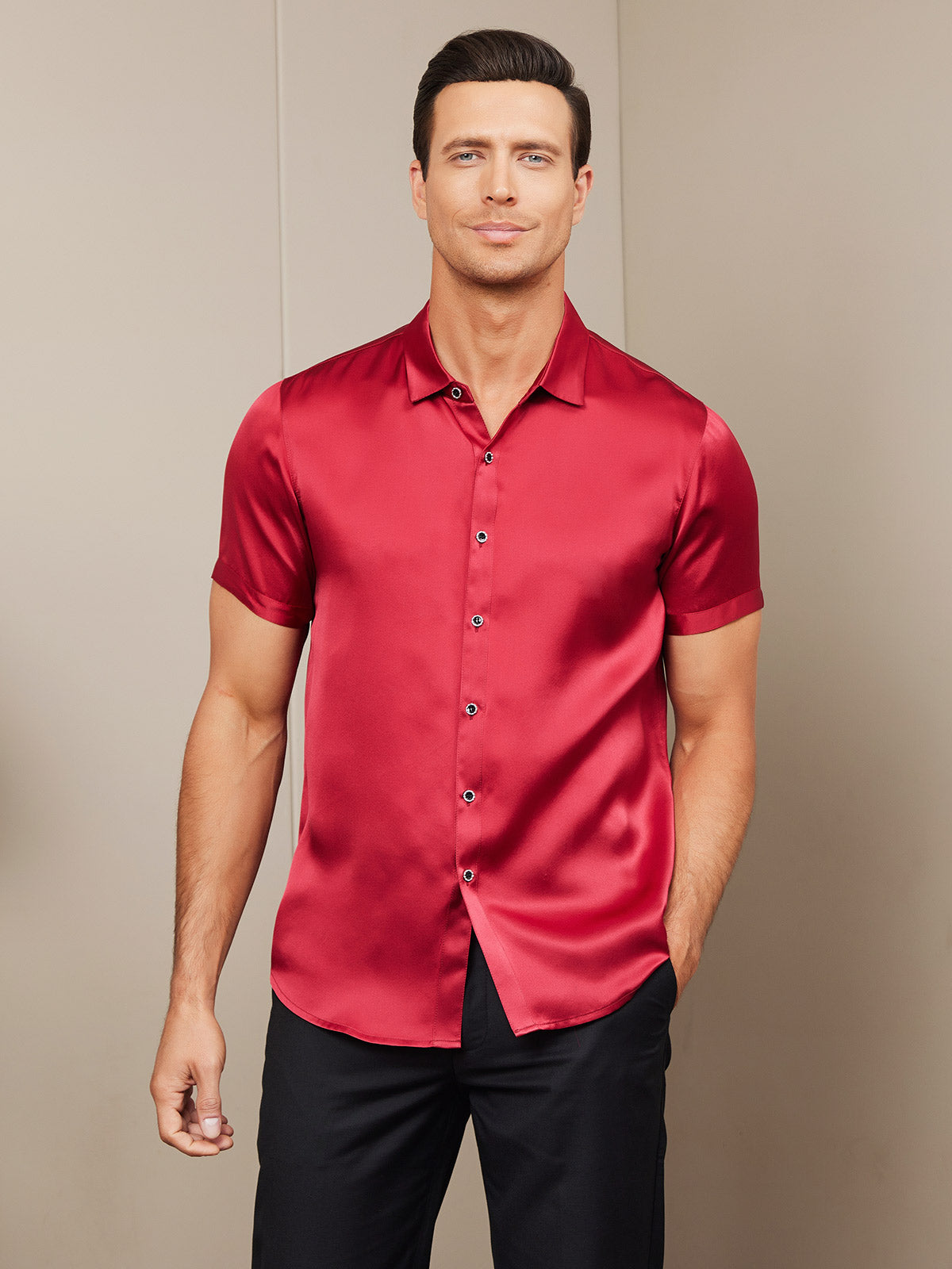 [Red] SilkSilky-UK Silk Short Sleeve Collar Men's Shirt 003