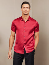 [Red] SilkSilky-UK Silk Short Sleeve Collar Men's Shirt 003