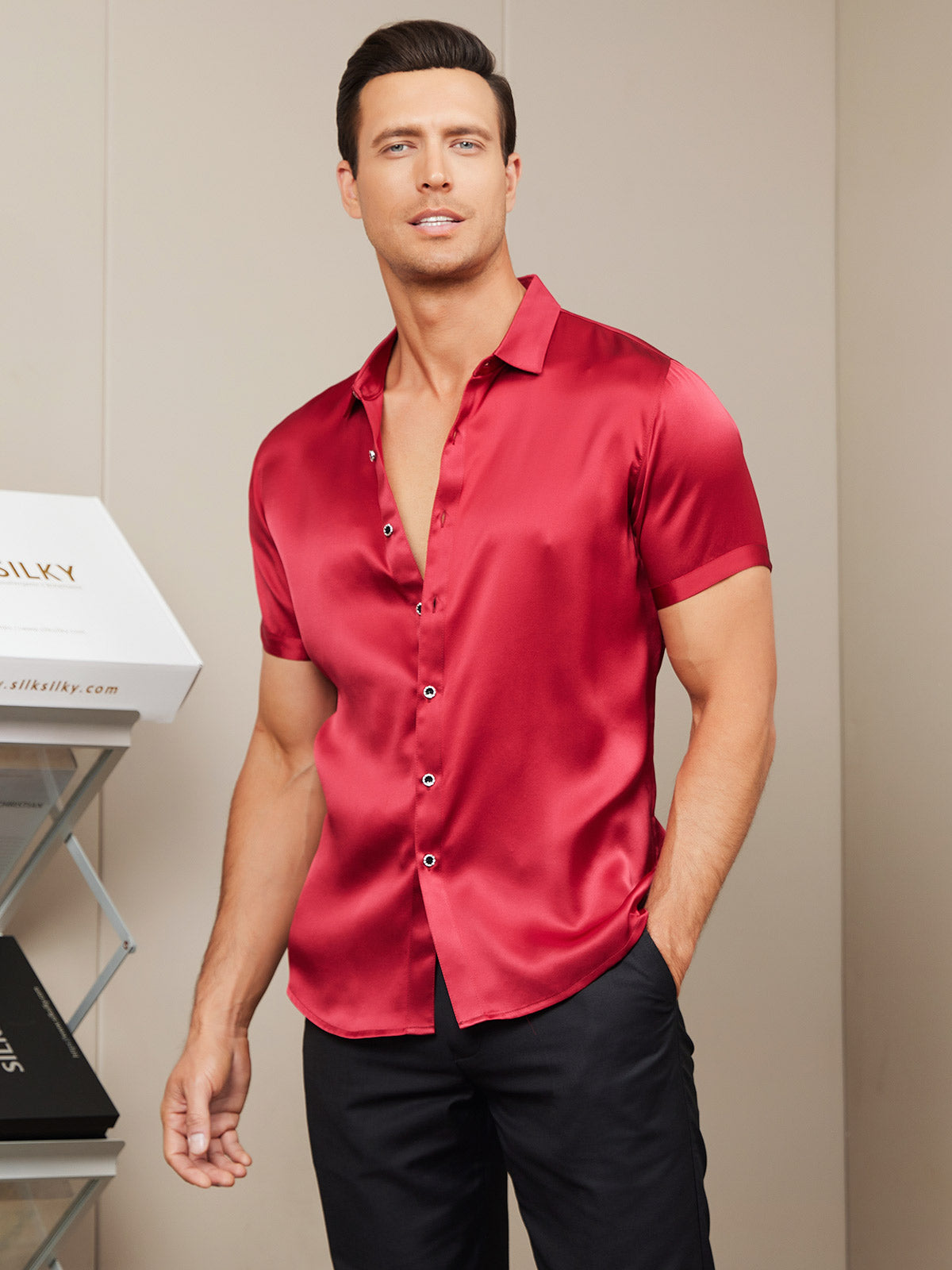 [Red] SilkSilky-UK Silk Short Sleeve Collar Men's Shirt 004