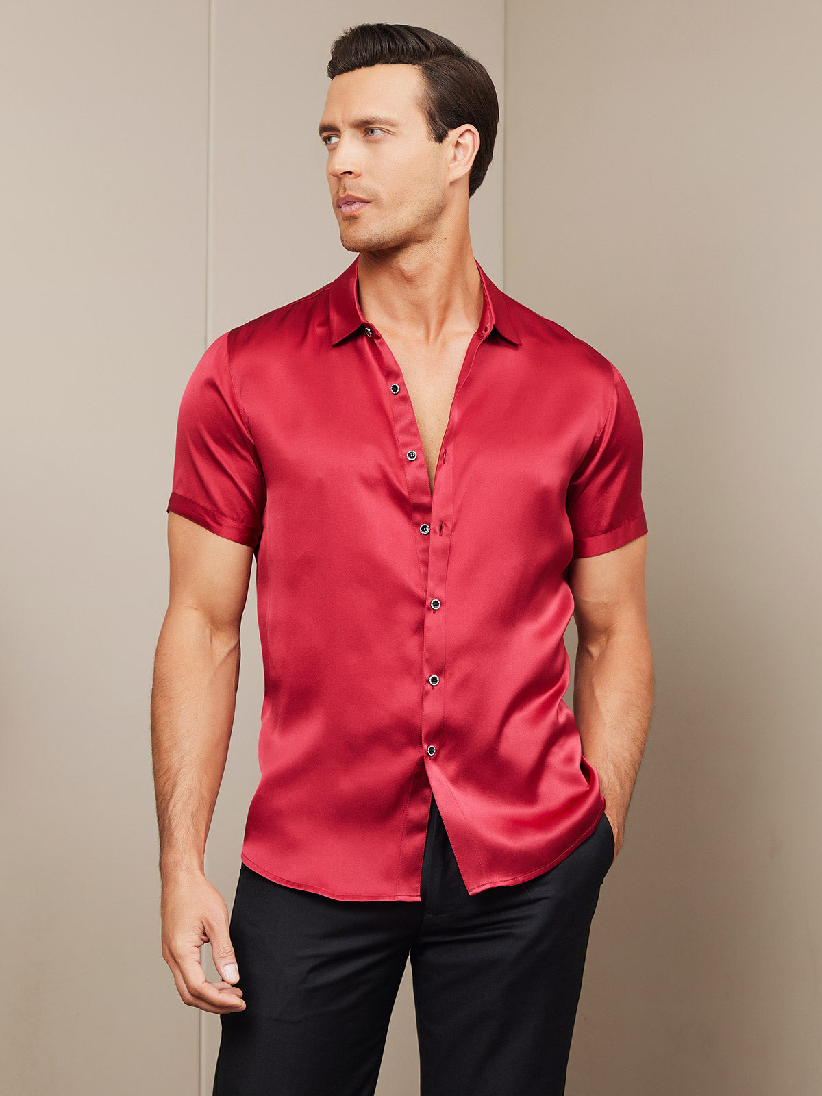 [Red] SilkSilky-UK Silk Short Sleeve Collar Men's Shirt 005