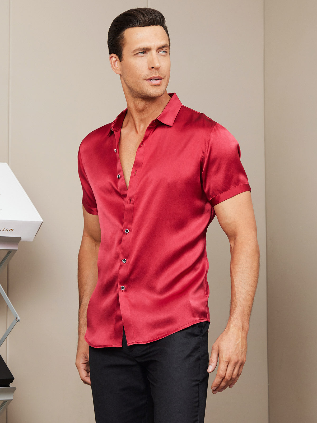 [Red] SilkSilky-UK Silk Short Sleeve Collar Men's Shirt 006