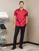 [Red] SilkSilky-UK Silk Short Sleeve Collar Men's Shirt 007