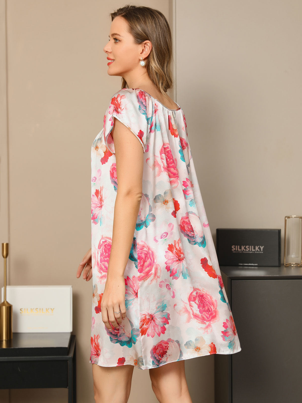[Rose Red] SilkSilky-UK Pure Silk Cap Sleeve Tie Neck Nightdress 002