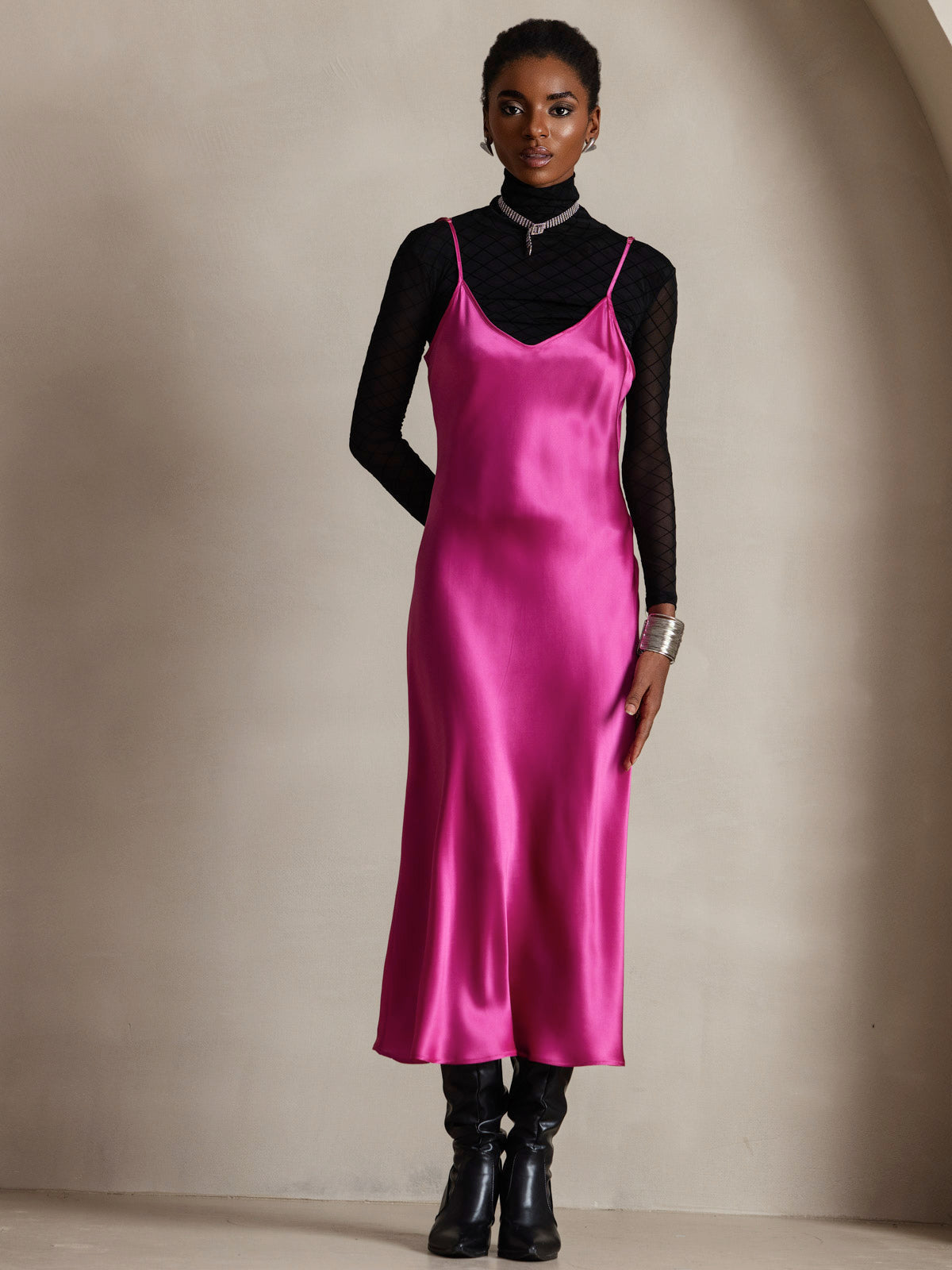 [Rose Red] SilkSilky-UK Pure Silk Round Neck Dress 001