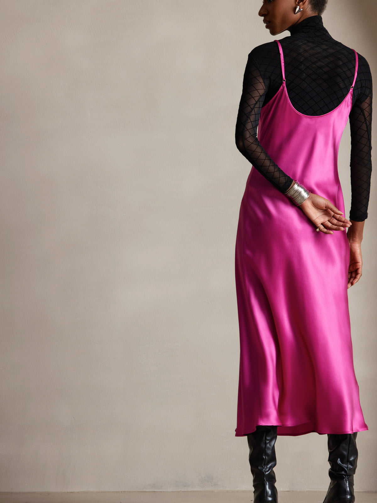 [Rose Red] SilkSilky-UK Pure Silk Round Neck Dress 002