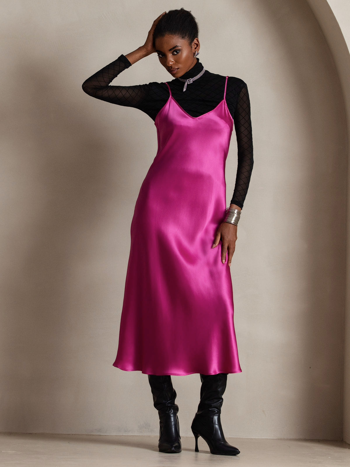 [Rose Red] SilkSilky-UK Pure Silk Sleeveless Round Neck Dress 001