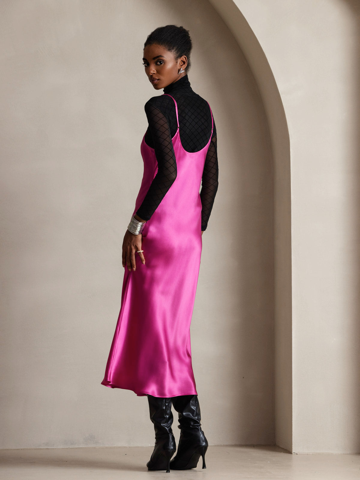 [Rose Red] SilkSilky-UK Pure Silk Sleeveless Round Neck Dress 002