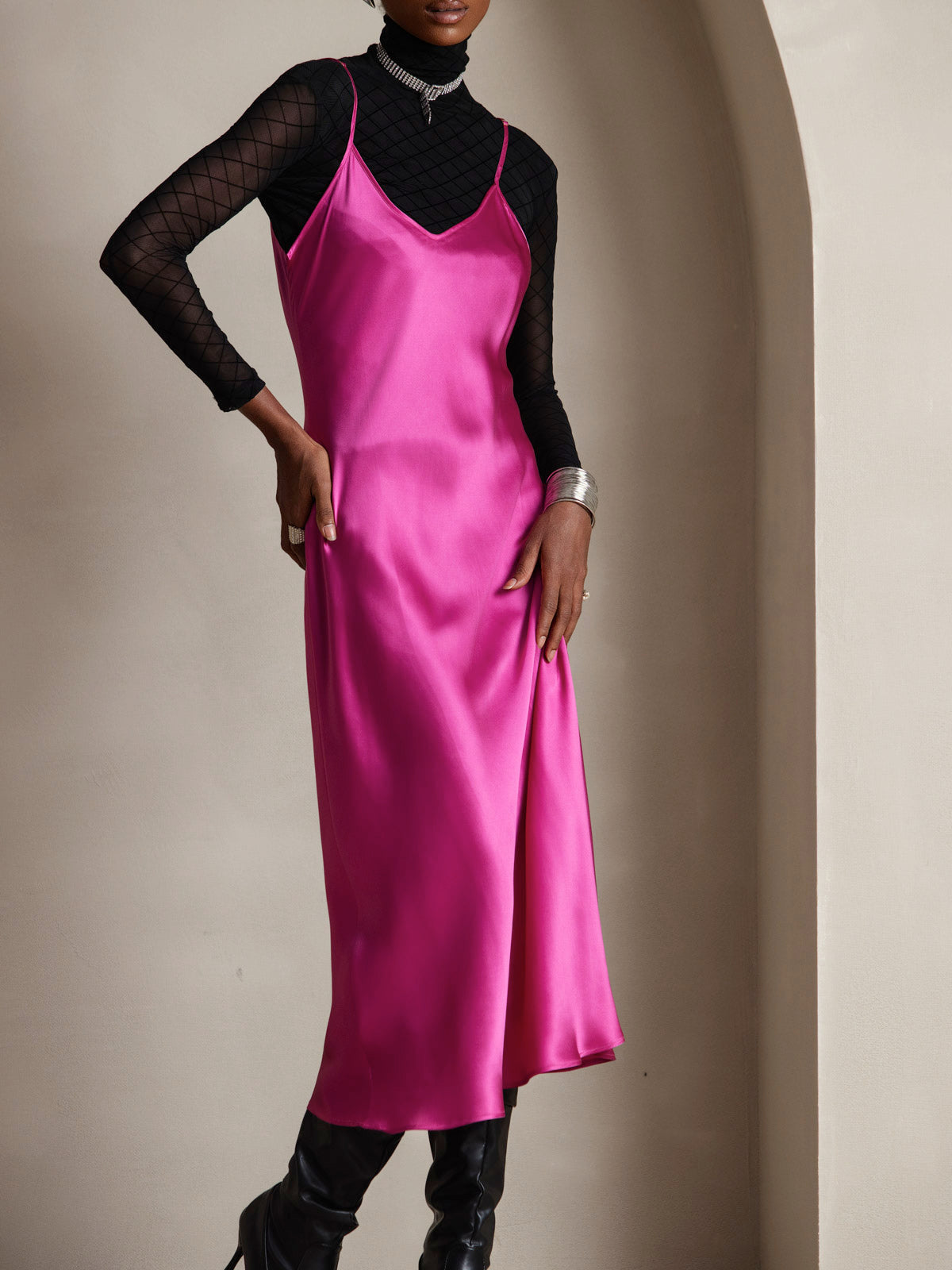 [Rose Red] SilkSilky-UK Pure Silk Sleeveless Round Neck Dress 006