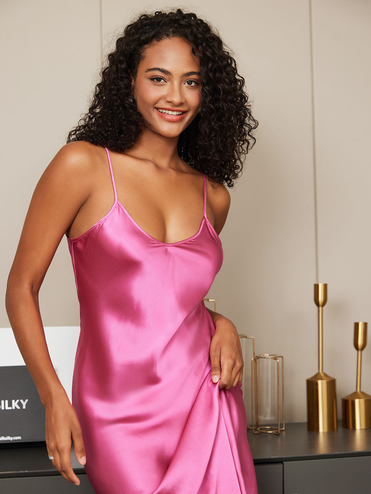 [Rose Red] SilkSilky-UK Pure Silk Sleeveless Round Neck Nightdress 005