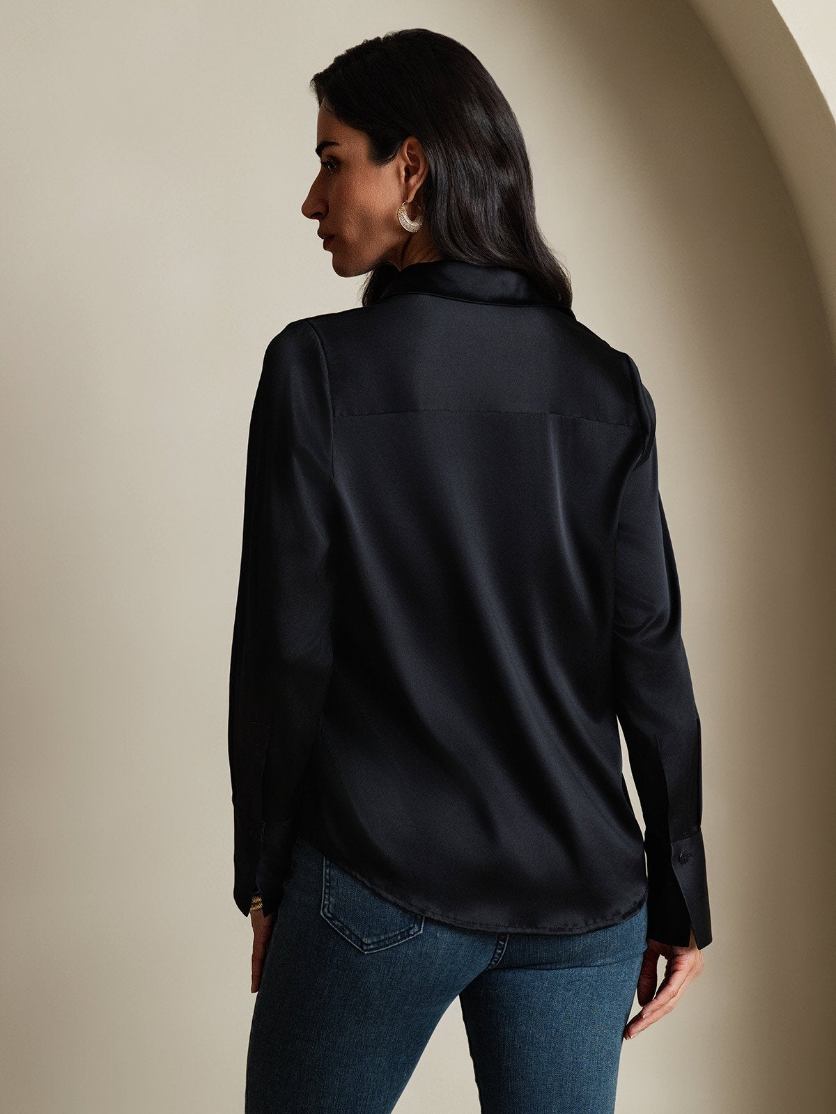 SilkSilky-UK 19Momme Silk Long Sleeve Collar Women's Shirt Black 002