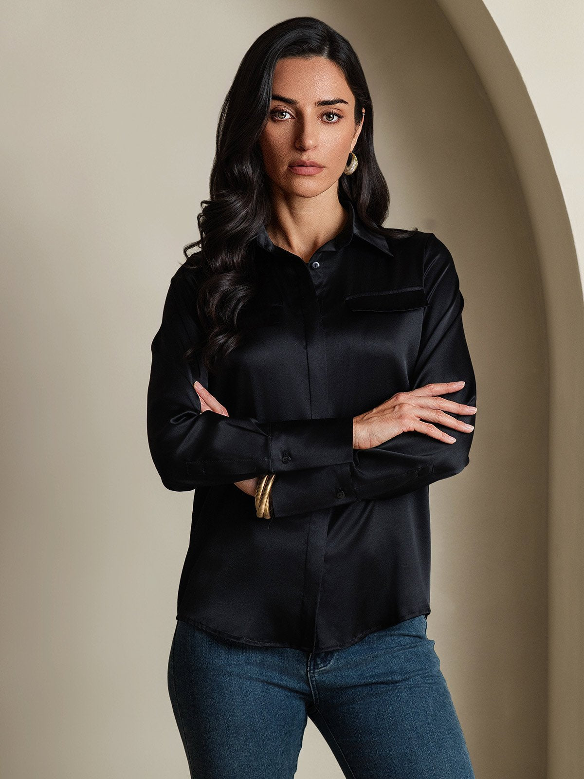 SilkSilky-UK 19Momme Silk Long Sleeve Collar Women's Shirt Black 003