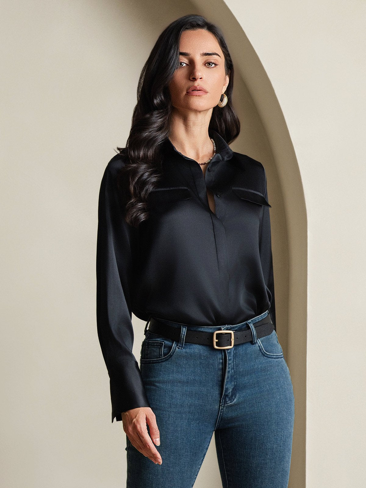 SilkSilky-UK 19Momme Silk Long Sleeve Collar Women's Shirt Black 004