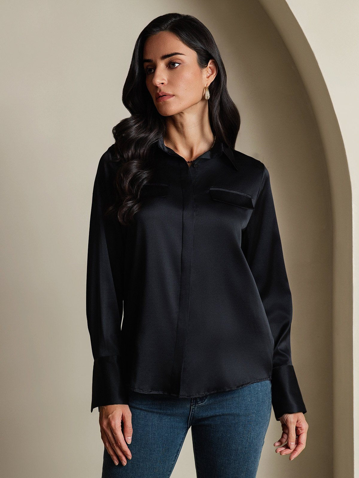 SilkSilky-UK 19Momme Silk Long Sleeve Collar Women's Shirt Black 005
