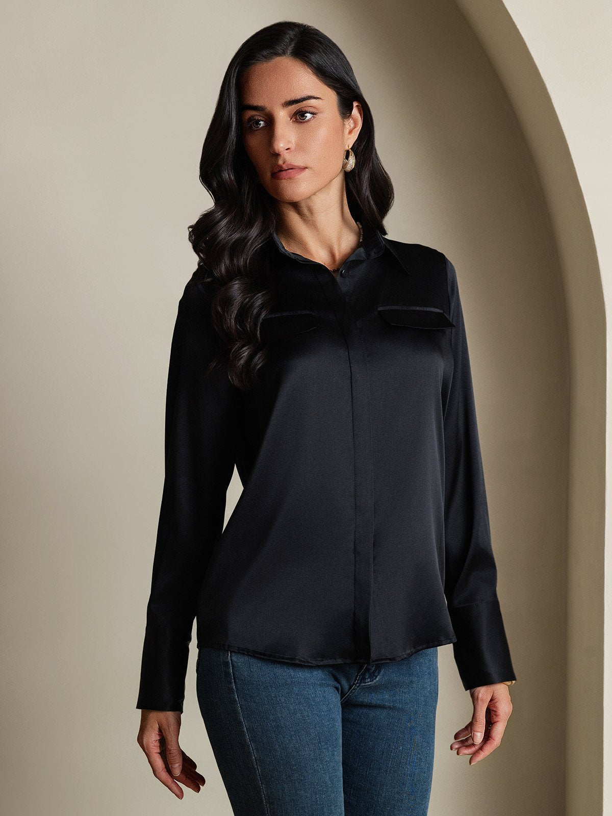 SilkSilky-UK 19Momme Silk Long Sleeve Collar Women's Shirt Black 006