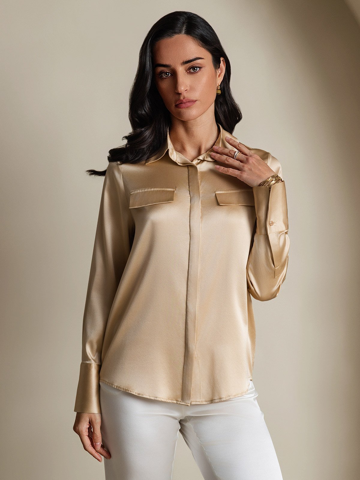 SilkSilky-UK 19Momme Silk Long Sleeve Collar Women's Shirt Champagne 004