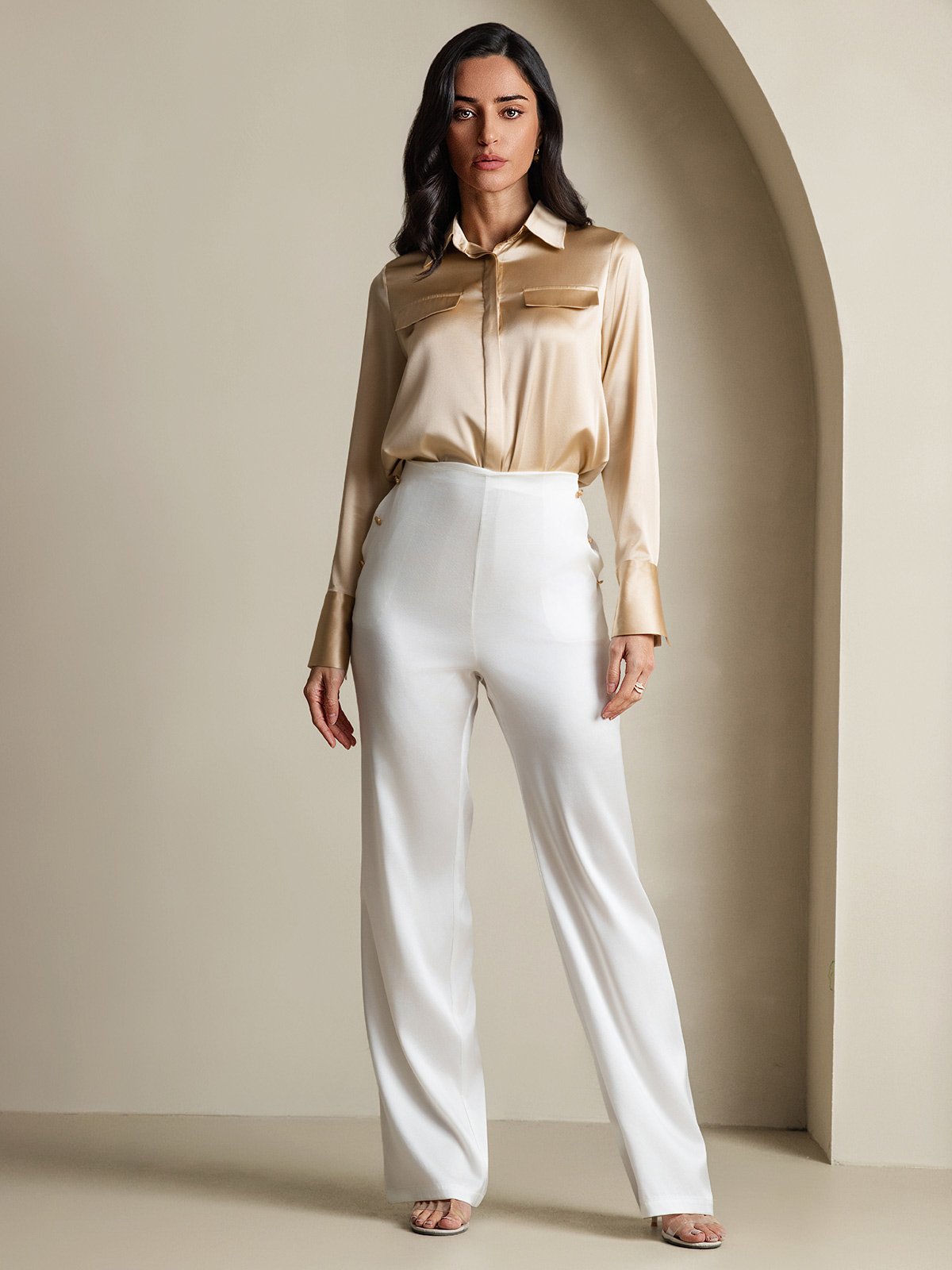 SilkSilky-UK 19Momme Silk Long Sleeve Collar Women's Shirt Champagne 007