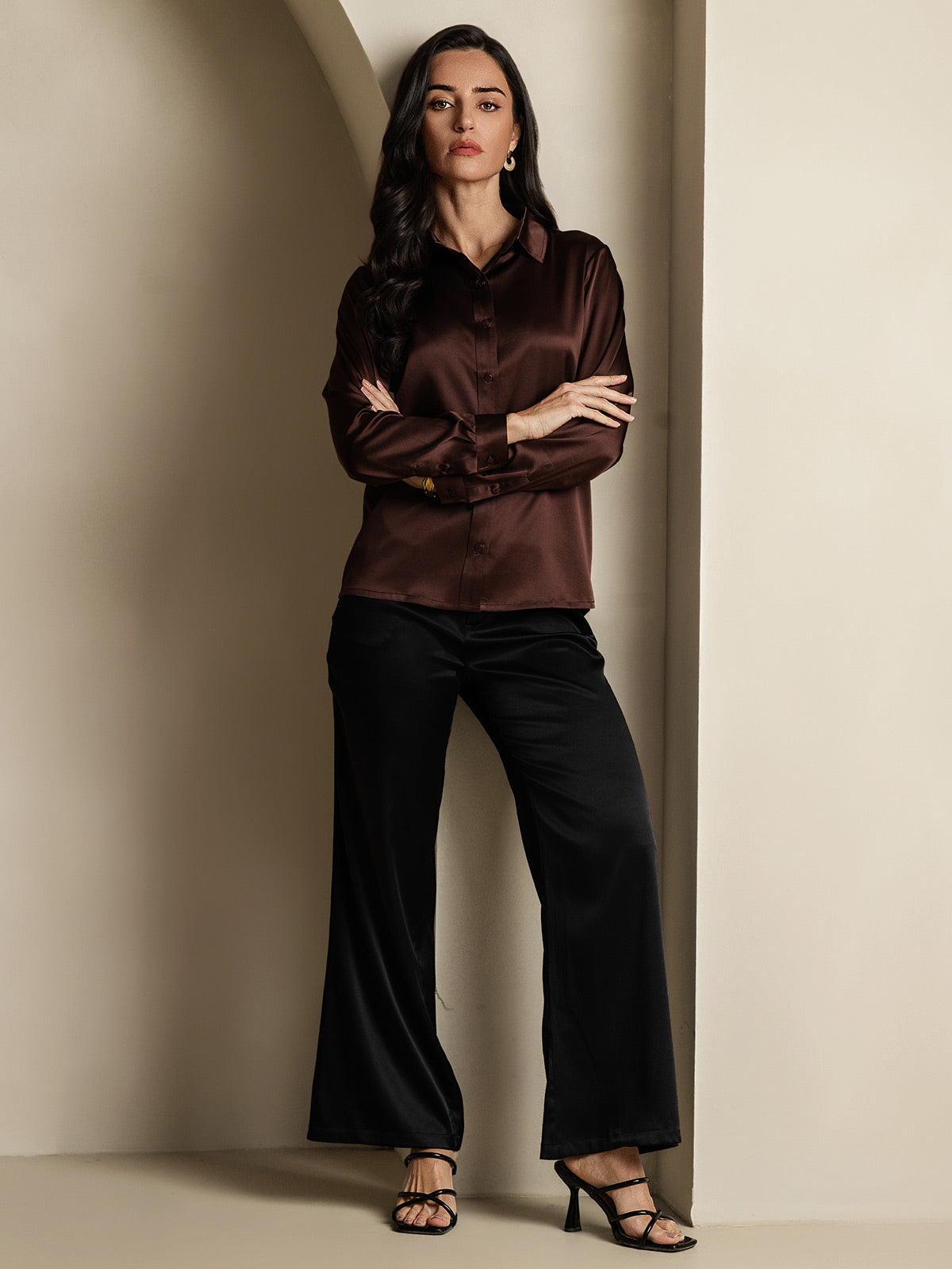 SilkSilky-UK 19Momme Silk Long Sleeve Collar Women's Shirt Coffee 006