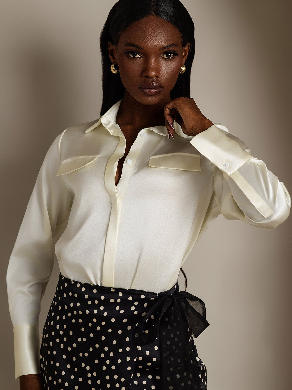 SilkSilky-UK 19Momme Silk Long Sleeve Collar Women's Shirt Ivory 003