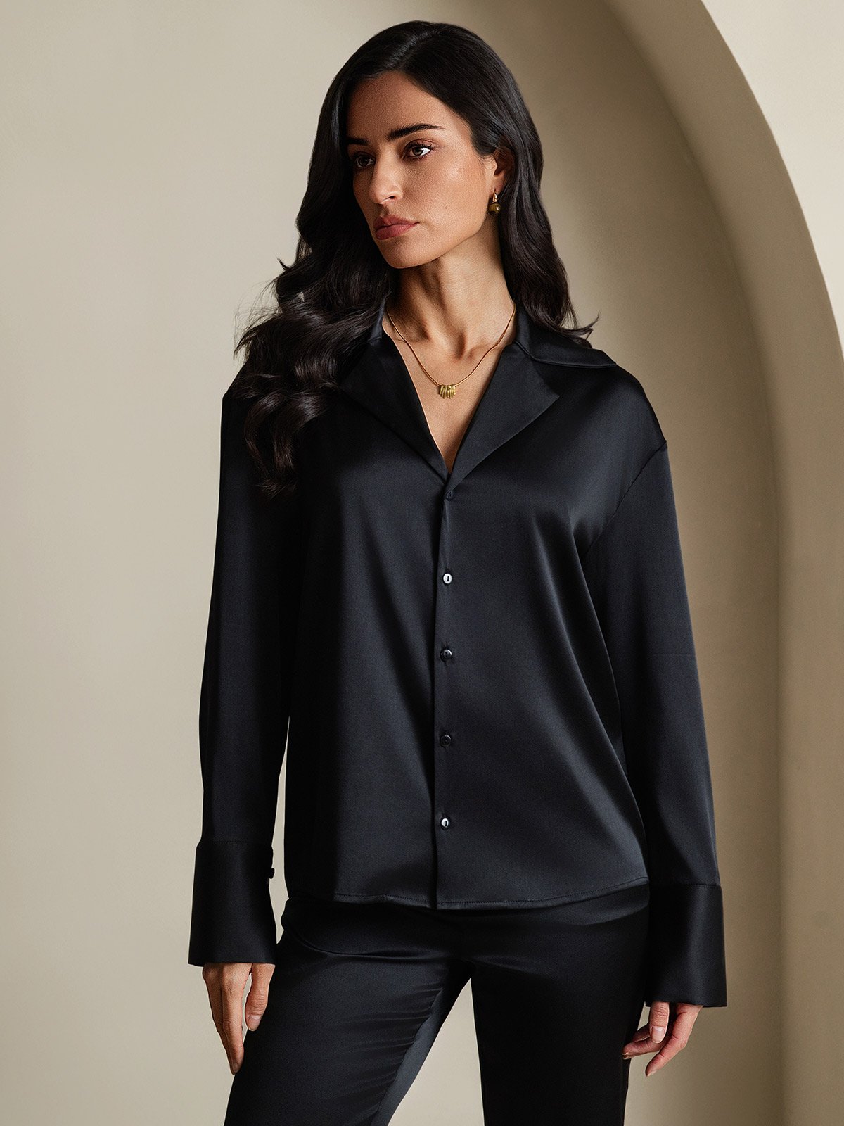 SilkSilky-UK 19Momme Silk Long Sleeve Lapel Women's Shirt Black 004