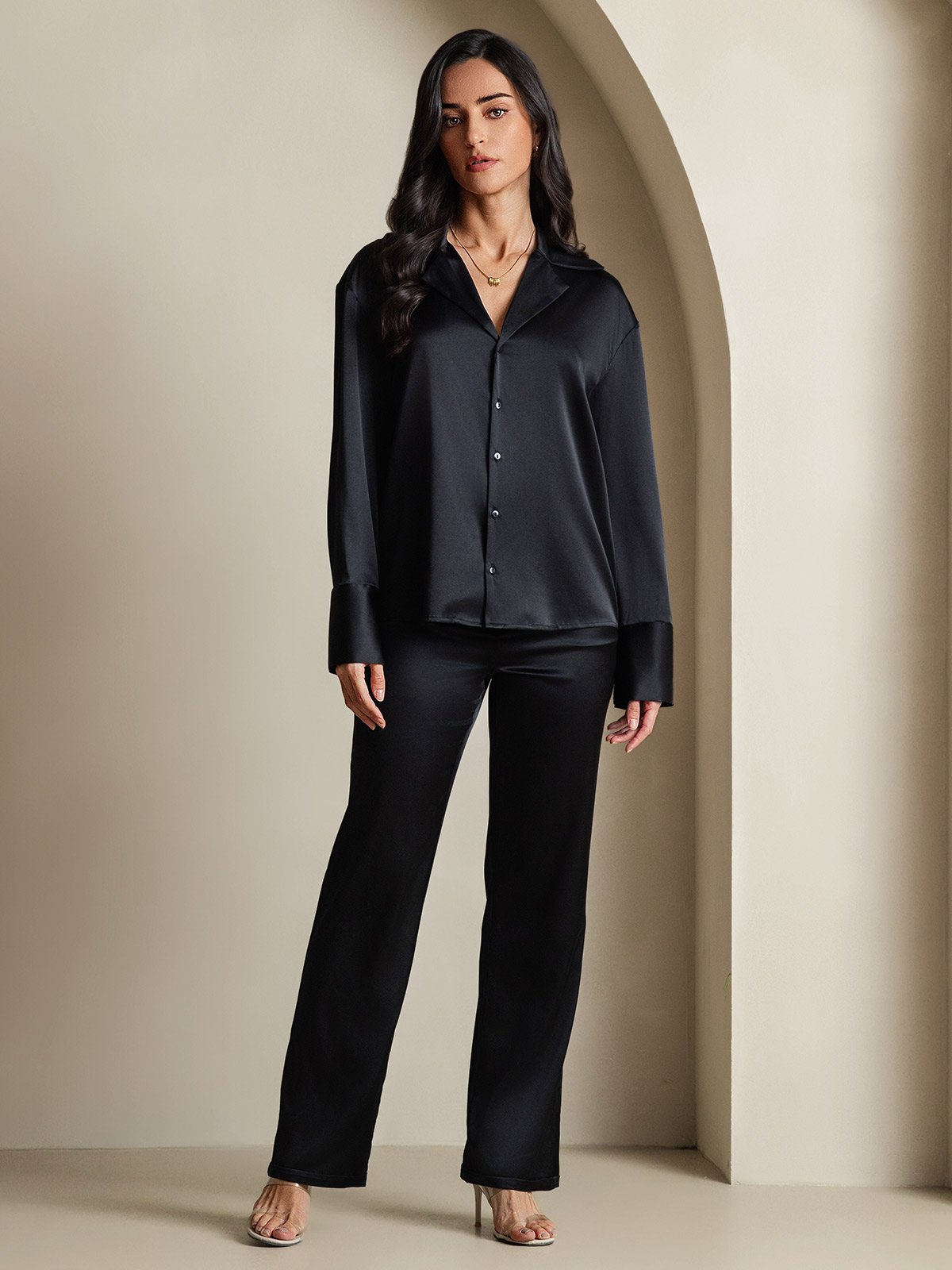 SilkSilky-UK 19Momme Silk Long Sleeve Lapel Women's Shirt Black 006