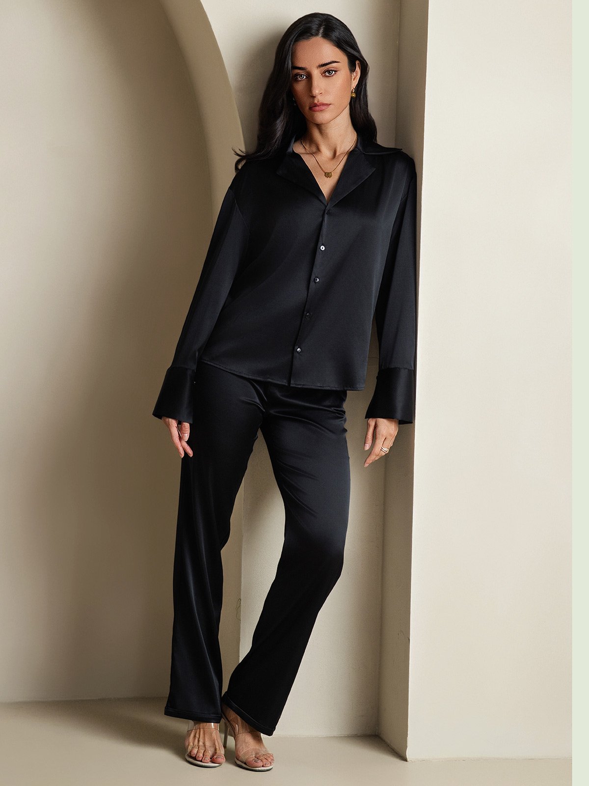 SilkSilky-UK 19Momme Silk Long Sleeve Lapel Women's Shirt Black 008