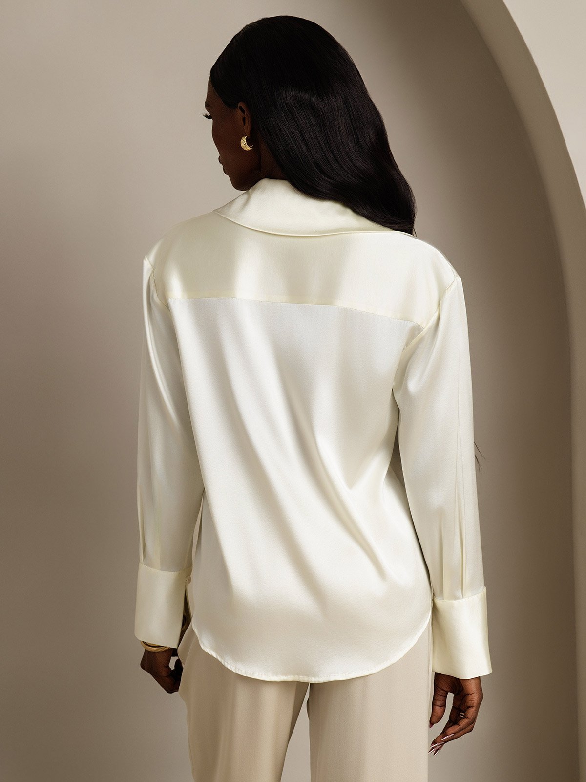 SilkSilky-UK 19Momme Silk Long Sleeve Lapel Women's Shirt Ivory 002