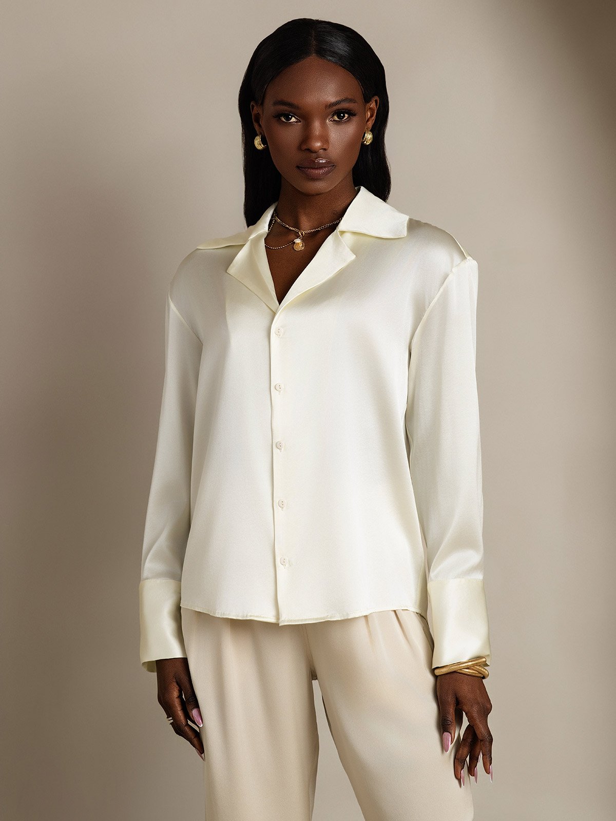 SilkSilky-UK 19Momme Silk Long Sleeve Lapel Women's Shirt Ivory 003