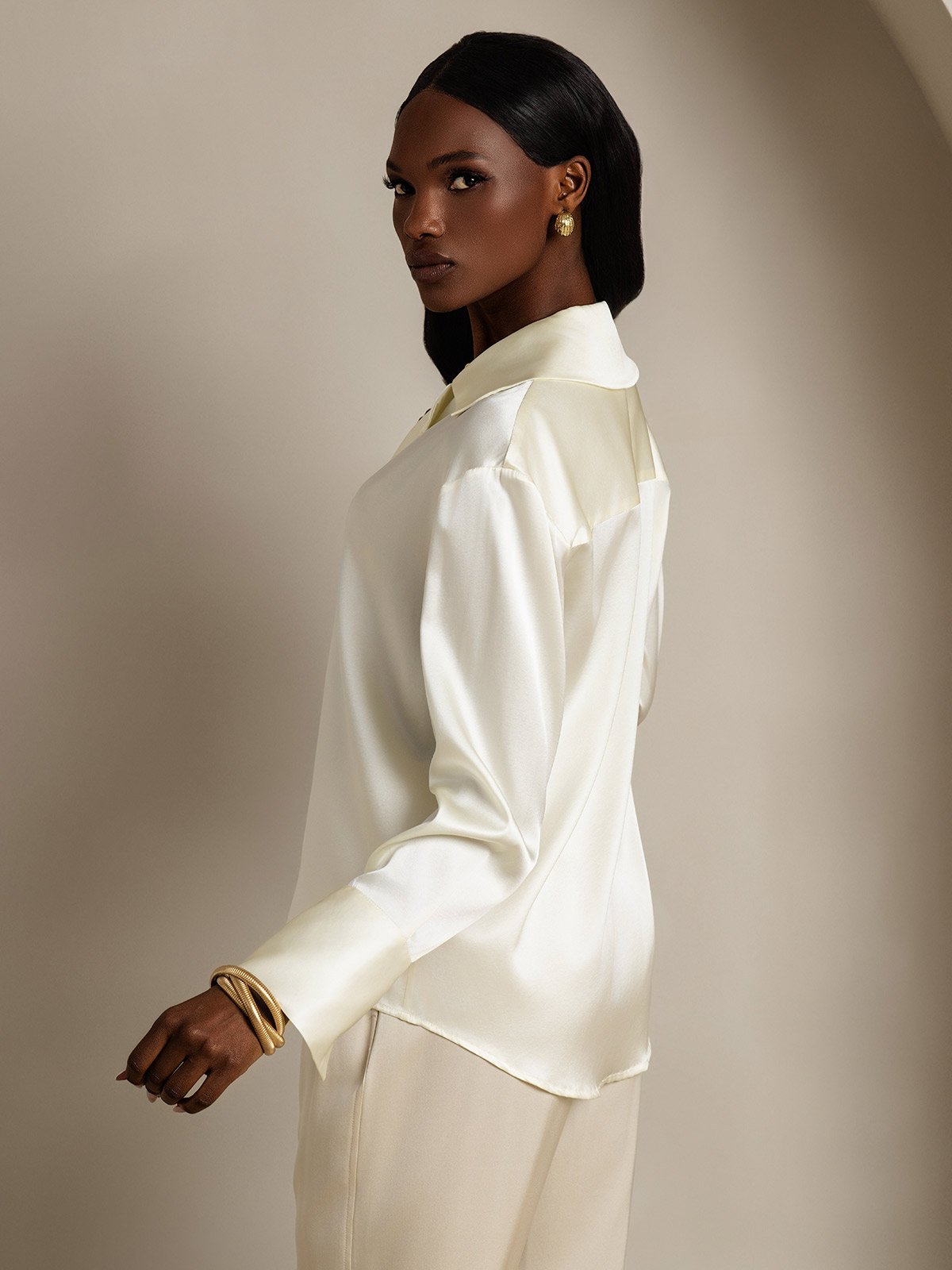SilkSilky-UK 19Momme Silk Long Sleeve Lapel Women's Shirt Ivory 004