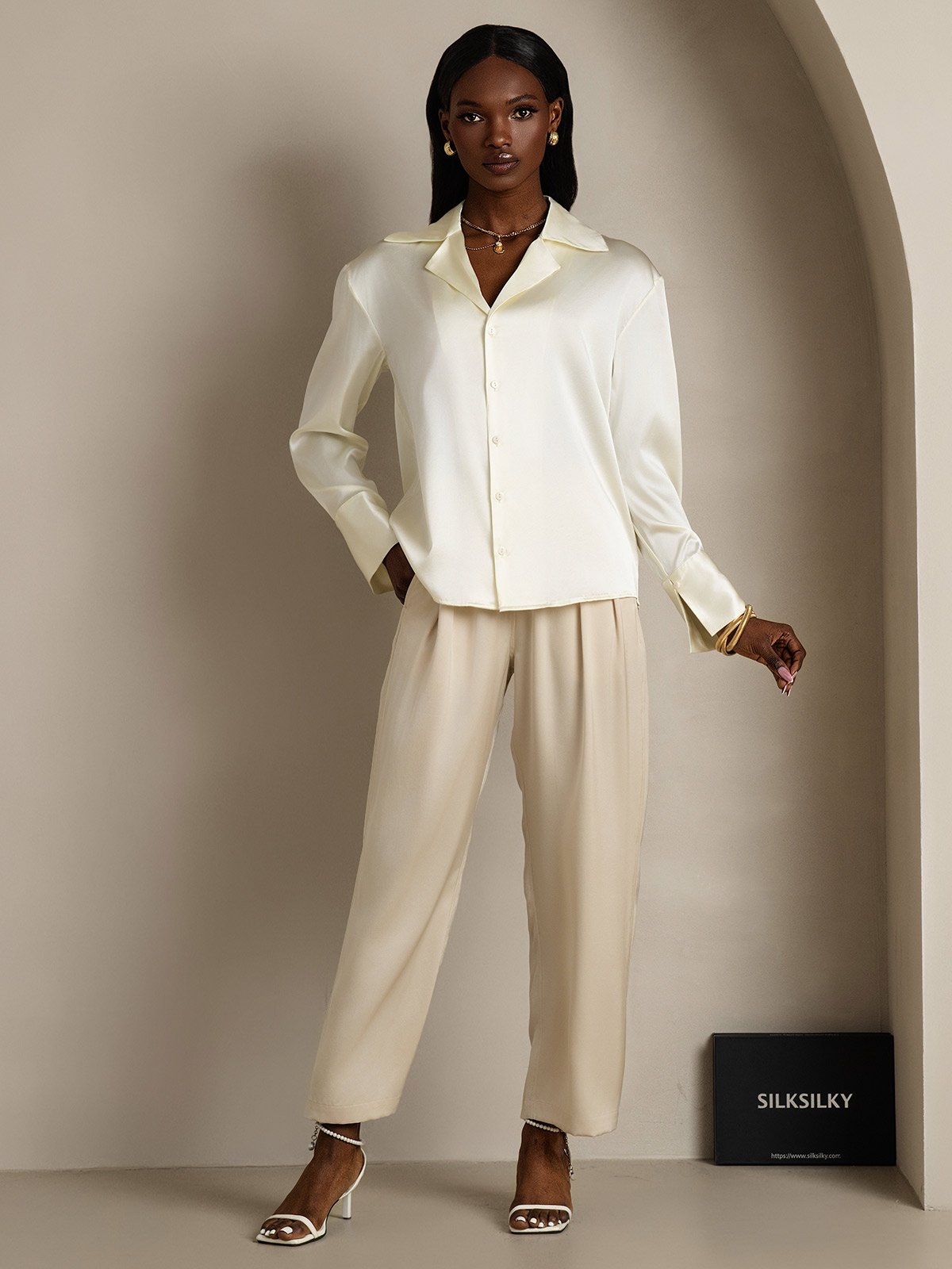 SilkSilky-UK 19Momme Silk Long Sleeve Lapel Women's Shirt Ivory 005